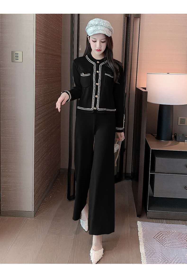 HF-2PST-BW: 2-PieceSet Cardigan and Wide Leg pants, Black and White Color - Click Image to Close