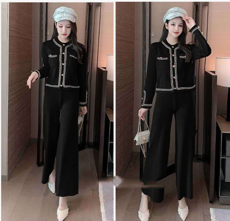 HF-2PST-BW: 2-PieceSet Cardigan and Wide Leg pants, Black and White Color - Click Image to Close