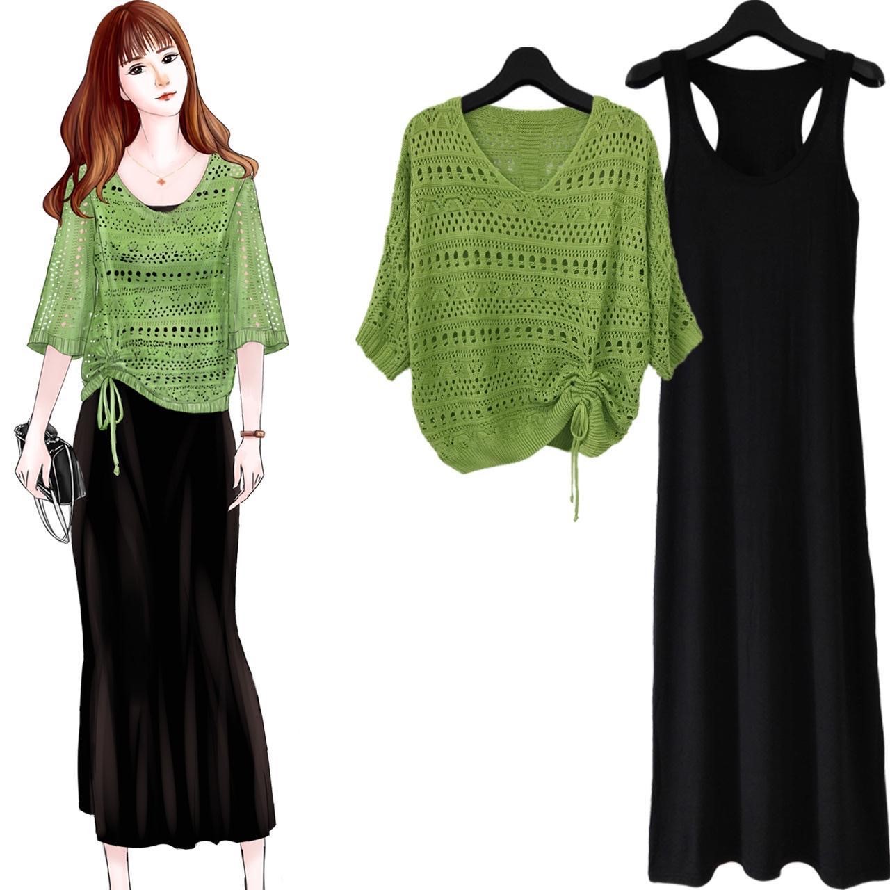 HF-2PTS01: Spring and summer green hole shirt, openwork knit blouse, thin bat shirt dress, two-piece dress