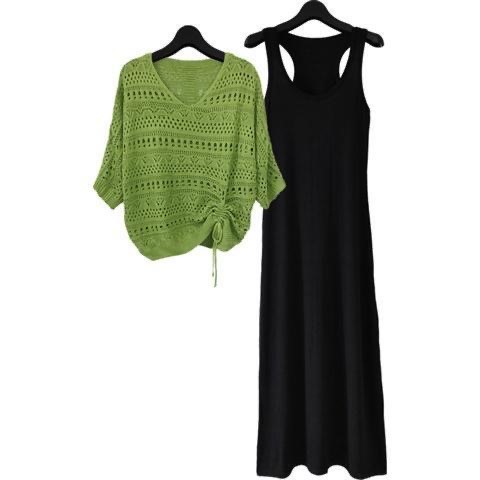 HF-2PTS01: Spring and summer green hole shirt, openwork knit blouse, thin bat shirt dress, two-piece dress - Click Image to Close