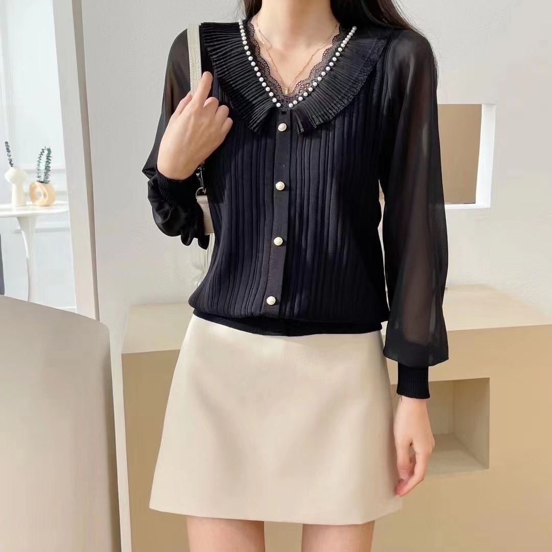 HF-BTST03: V-neck stitching chiffon long-sleeved top fashion knitted cardigan - Click Image to Close