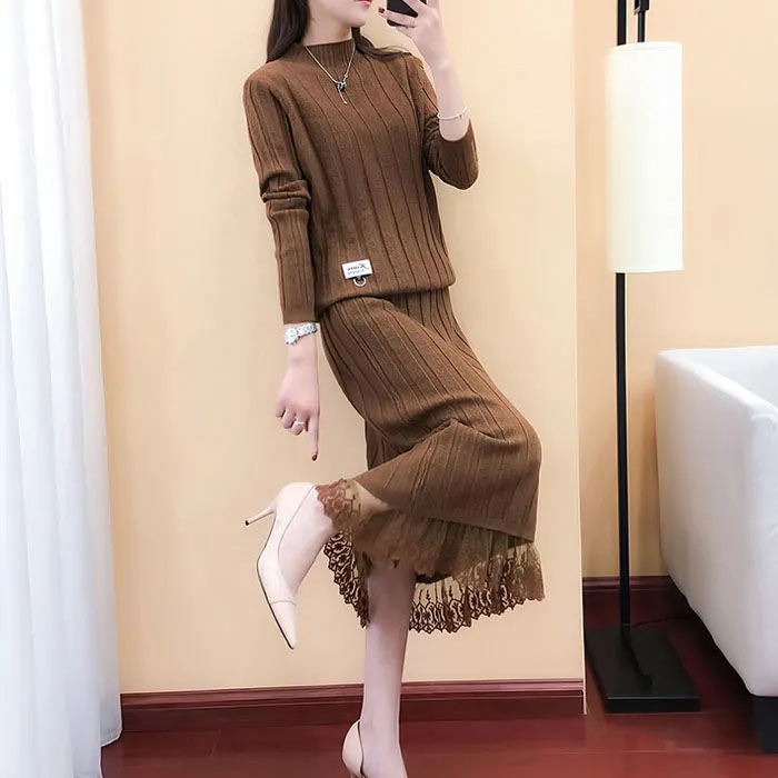 HF-DS2P01: Fashion suit knitted dress mid-length slim sweater skirt two-piece set