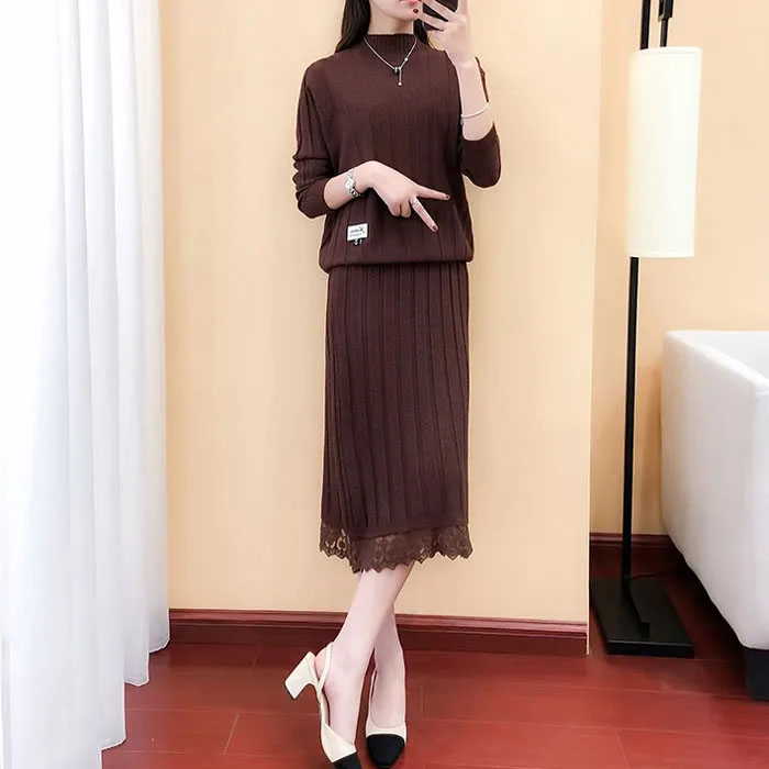 HF-DS2P01: Fashion suit knitted dress mid-length slim sweater skirt two-piece set - Click Image to Close