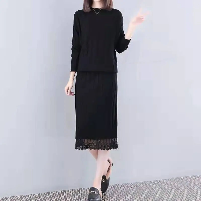 HF-DS2P01: Fashion suit knitted dress mid-length slim sweater skirt two-piece set - Click Image to Close