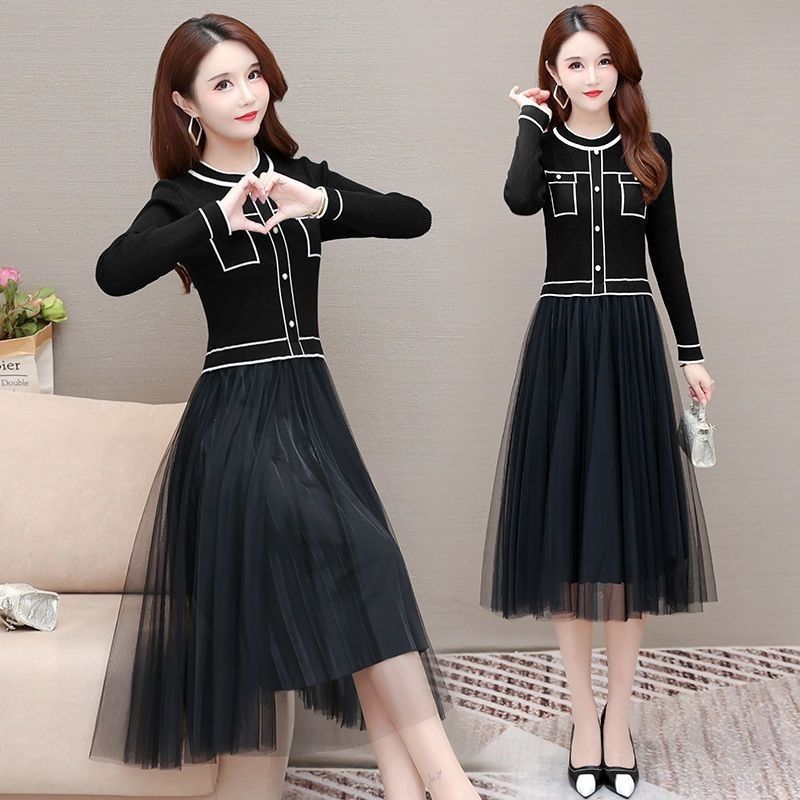 HF-DS2P07: New fashion long-sleeved knitted dress high-end
