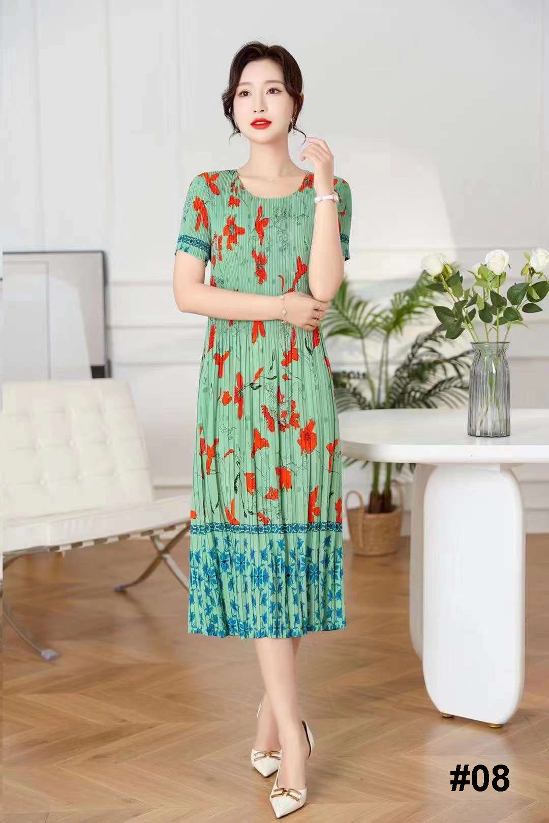 HF-DSDS01: Spring and summer short-sleeved linen silk high elastic pleated dress pleated skirt