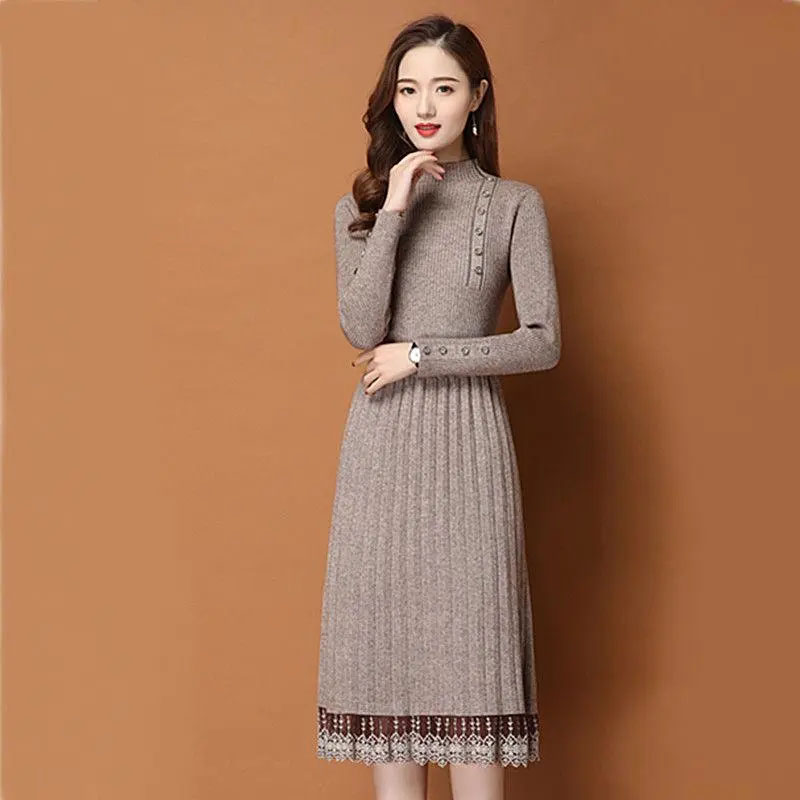 HF-DSWB01: Spring style long knee-length knitted dress women's autumn and winter all-match half-high collar sweater skirt - Click Image to Close