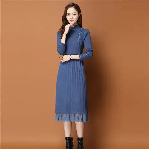 HF-DSWB01: Spring style long knee-length knitted dress women's autumn and winter all-match half-high collar sweater skirt