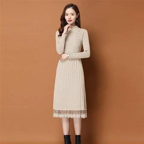 HF-DSWB01: Spring style long knee-length knitted dress women's autumn and winter all-match half-high collar sweater skirt