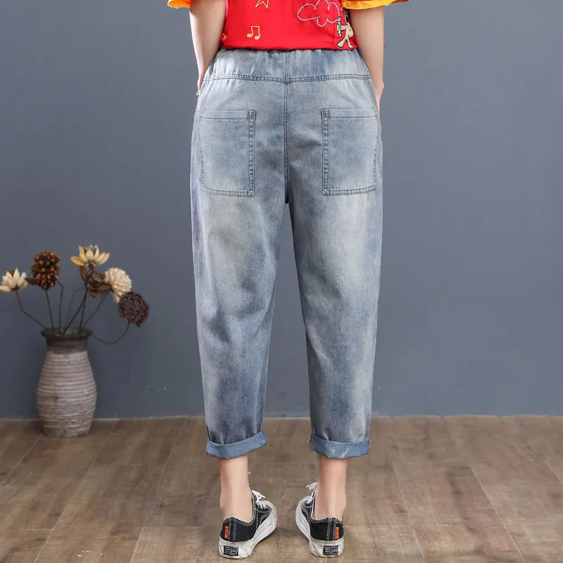 HF-JNPT1：Loose Denim Cropped Pants Summer Thin Section Cartoon Embroidered Large Size Harem Pants - Click Image to Close