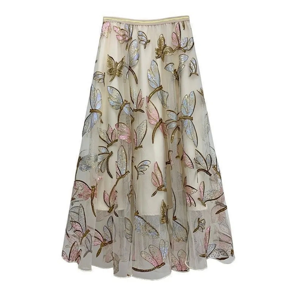 HF-SKT01: Heavy Sequin Mesh Embroidery Skirt Mesh Long Skirt A-Line Fairy Dress