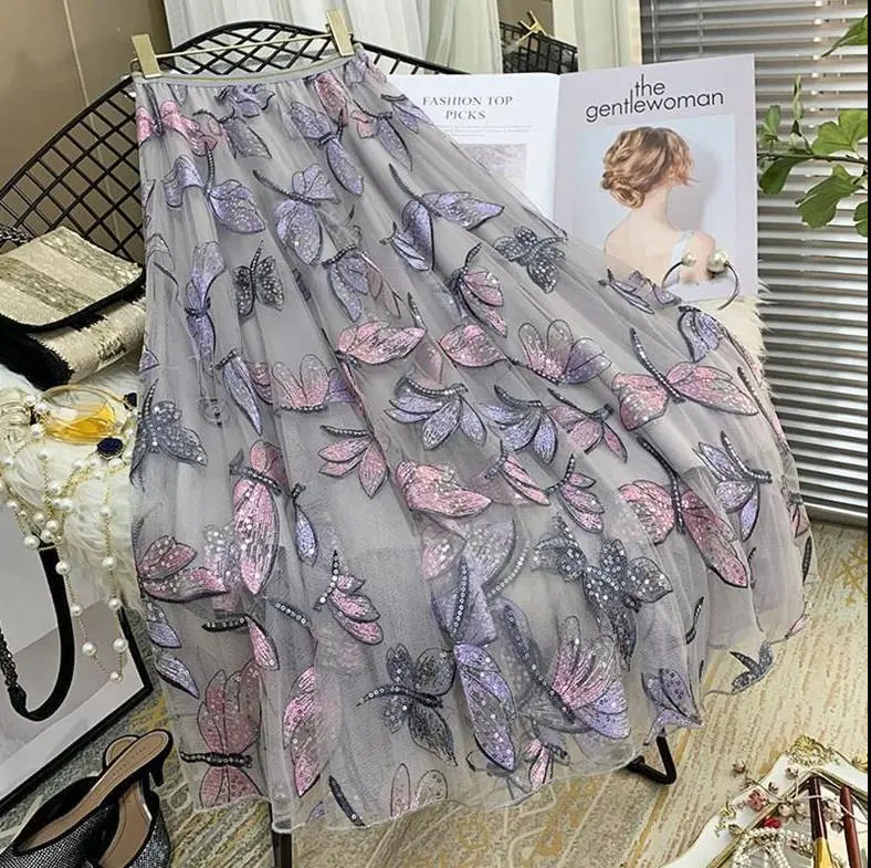 HF-SKT01: Heavy Sequin Mesh Embroidery Skirt Mesh Long Skirt A-Line Fairy Dress - Click Image to Close