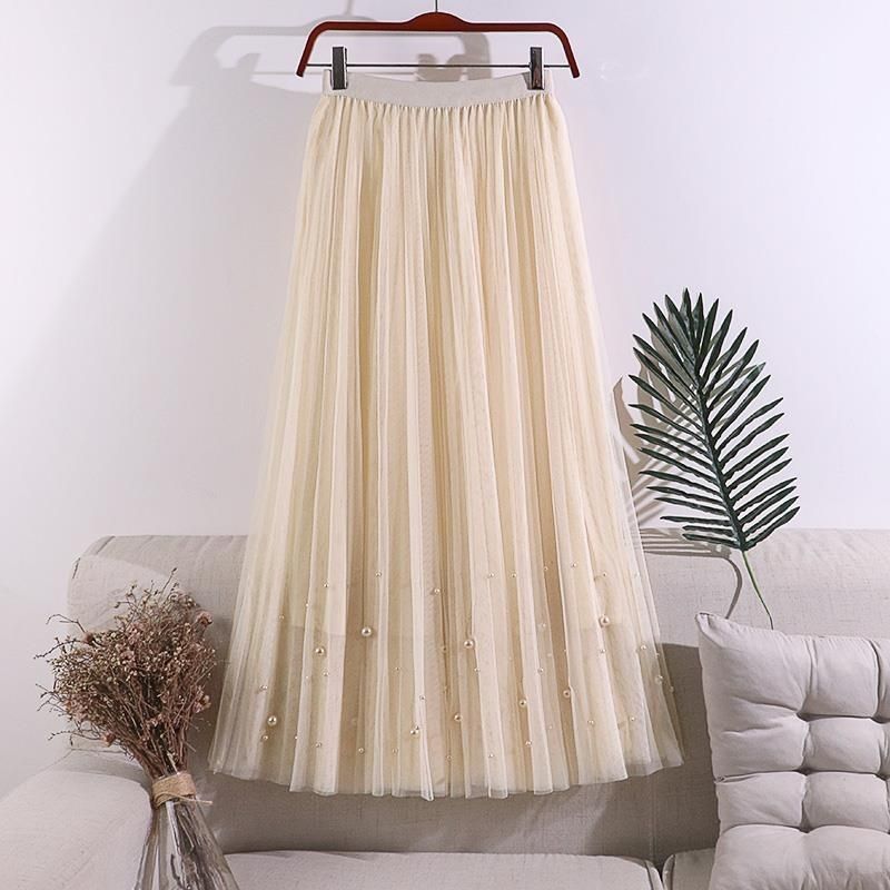 HF-SKT03: Mesh and pearl beaded mid-length pleated skirt