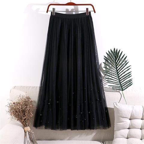 HF-SKT03: Mesh and pearl beaded mid-length pleated skirt - Click Image to Close