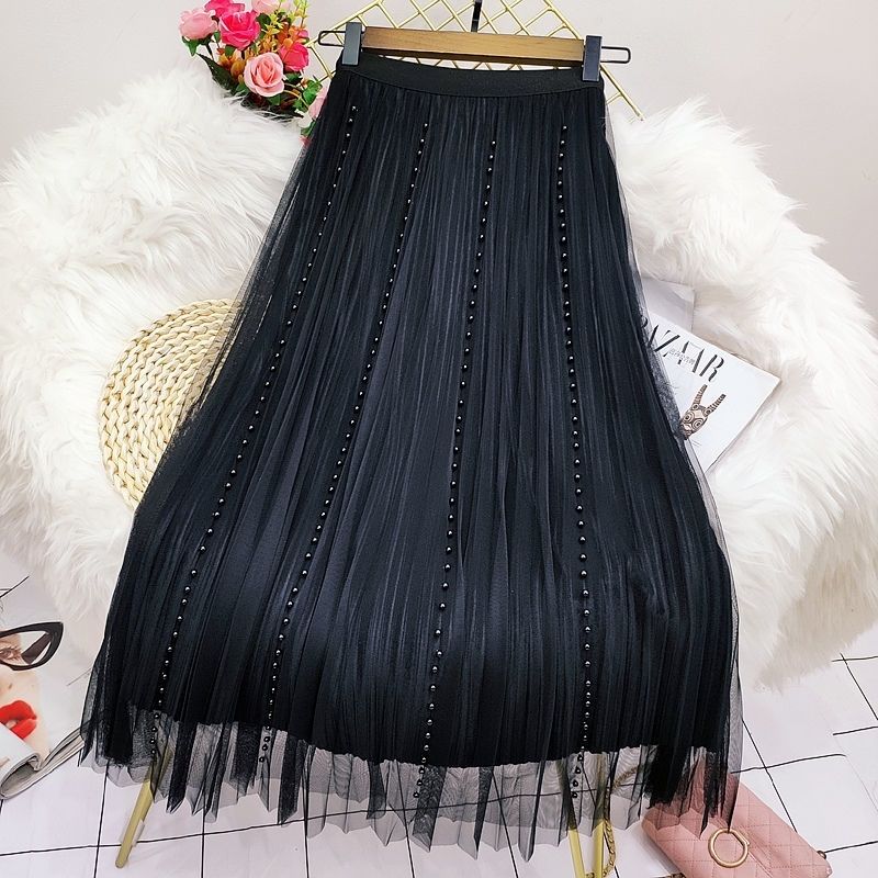 HF-SKT05: Mesh and pearl beaded mid-length pleated skirt - Click Image to Close