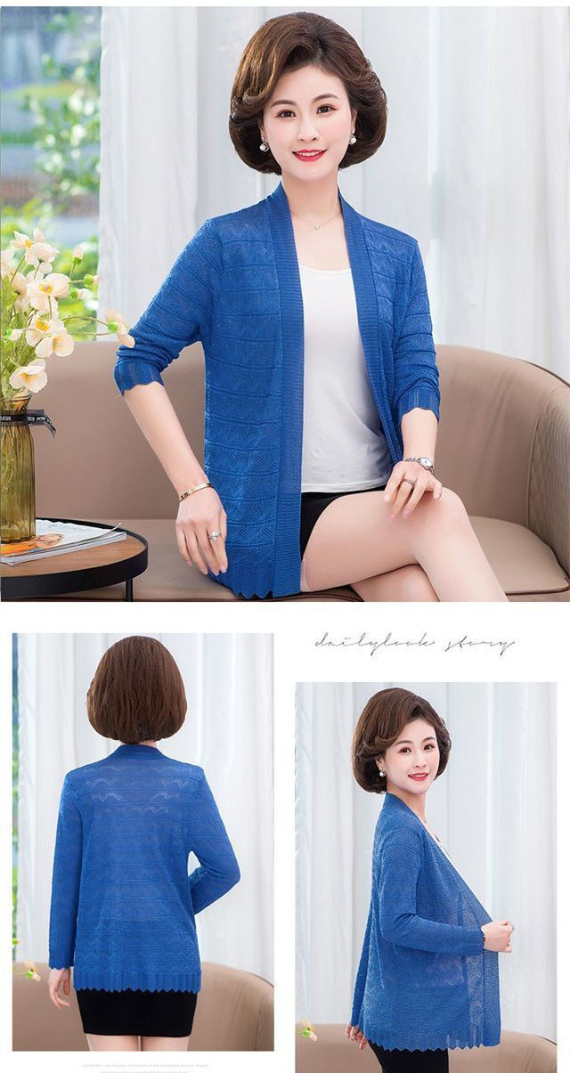 HF-SMSWT: Women's Summer cardigan jacket ice silk knitwear summer thin hollow sun protection clothing three-quarter sleeves