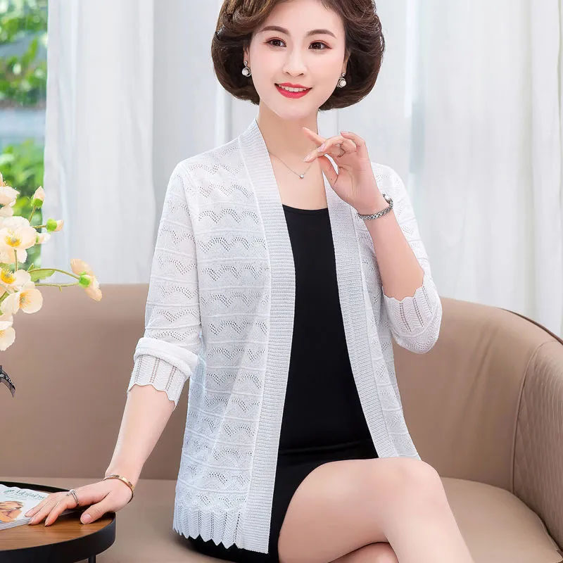 HF-SMSWT: Women's Summer cardigan jacket ice silk knitwear summer thin hollow sun protection clothing three-quarter sleeves - Click Image to Close