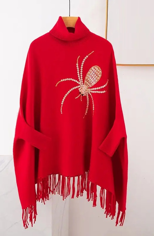 HF-SPCSW: Women's Batwing Pullover Sweater High Collar Sequined Shawl Wrap Loose Fit Tassel