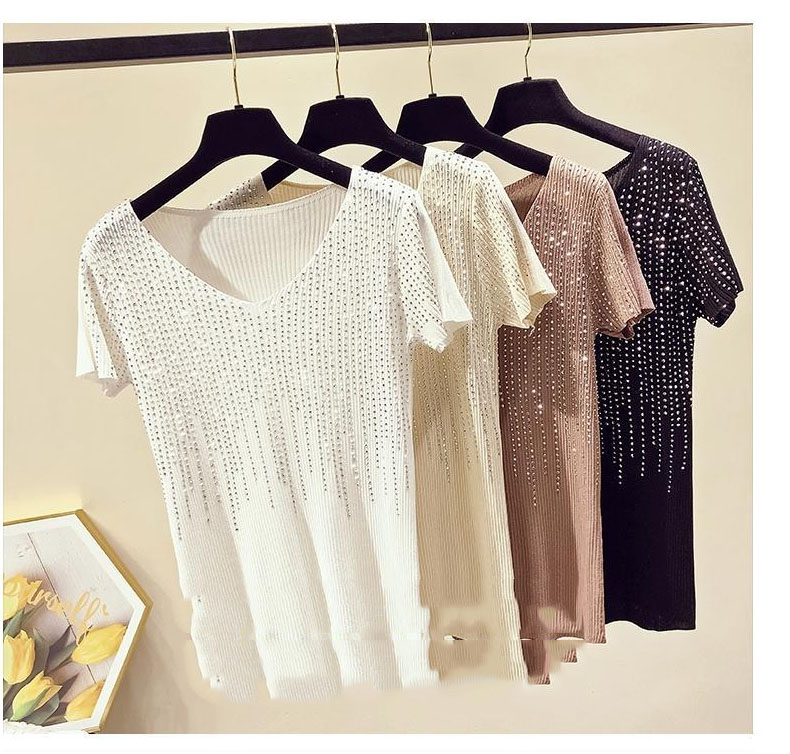 HF-SSVWD: Summer ice silk knitted sweater women's loose hot fix rhinestone pullover V-neck T-shirt thin top