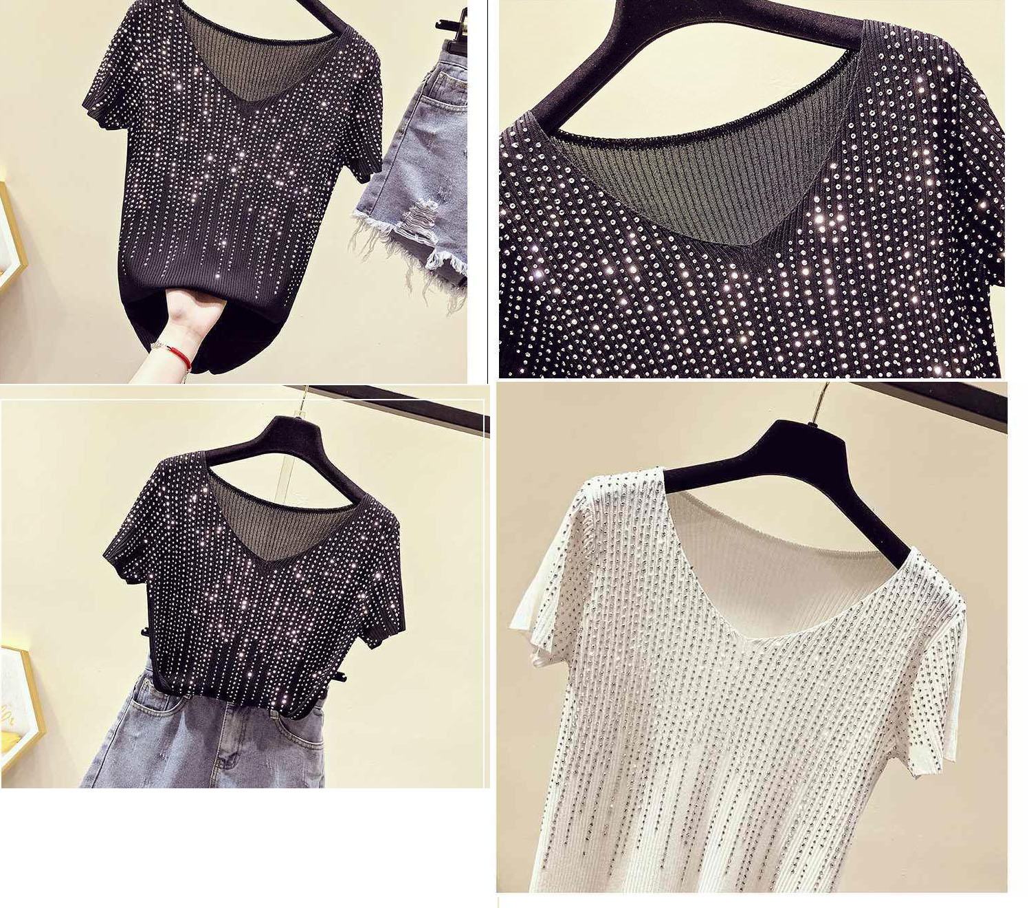HF-SSVWD: Summer ice silk knitted sweater women's loose hot fix rhinestone pullover V-neck T-shirt thin top
