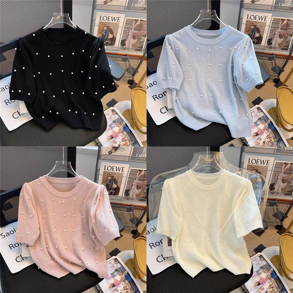 HF-SSVWP: Summer short-sleeved t-shirt ice silk sweater pearl round neck slim fit casual top
