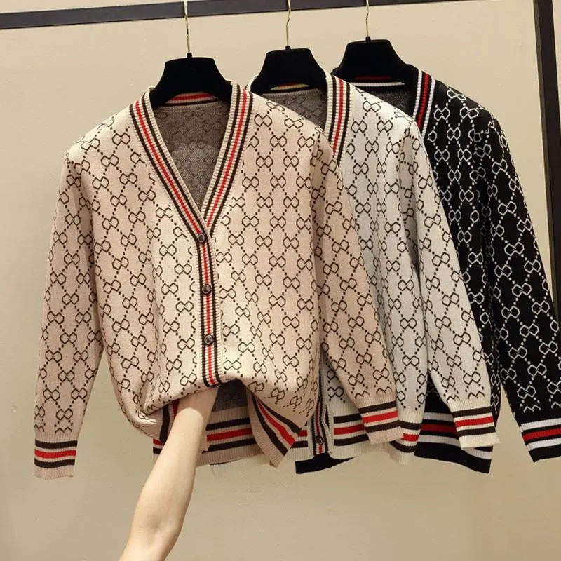 HF-SWT02: Spring and Autumn Loose Retro Jacquard Thin Sweater Knitted Cardigan Jacket
