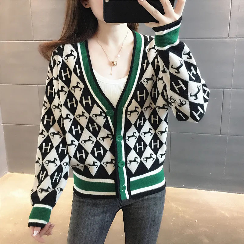 HF-SWT05: Spring and Autumn Loose Jacquard Thin Sweater Knitted Cardigan Jacket