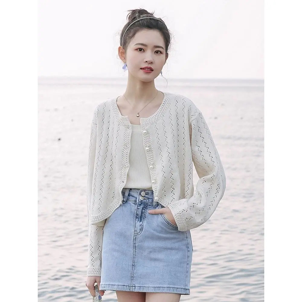 HF-SWT09: Women's Knitted Cardigan Jacket Thin Section Spring and Autumn Sweater Sunscreen Shirt Hollow Top