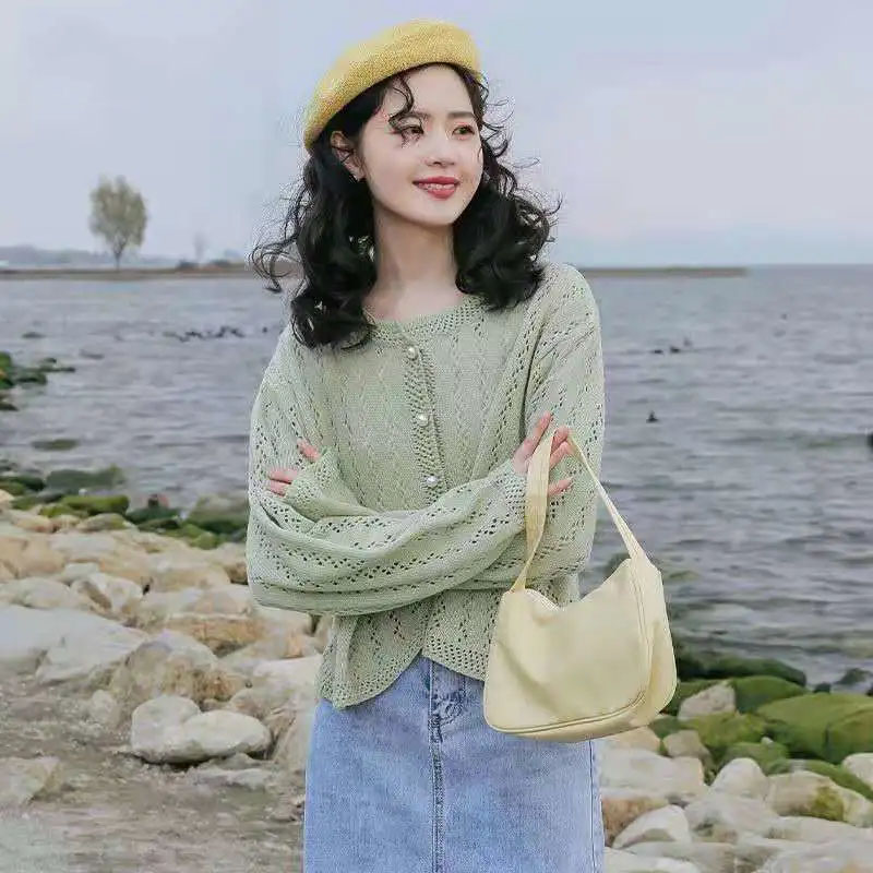 HF-SWT09: Women's Knitted Cardigan Jacket Thin Section Spring and Autumn Sweater Sunscreen Shirt Hollow Top