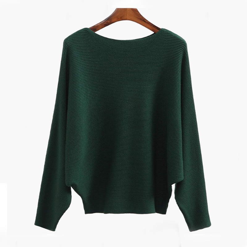 HF-SWT11: Dolman Sleeve Loose Thin Pullover Solid Color Flat Neck Sweater