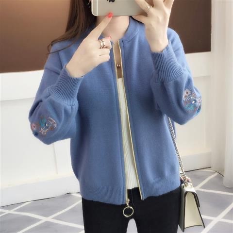 HF-SWTWEB01: Spring new knitted cardigan sweater women's short loose version with embroidered Swater baseball uniform - Click Image to Close
