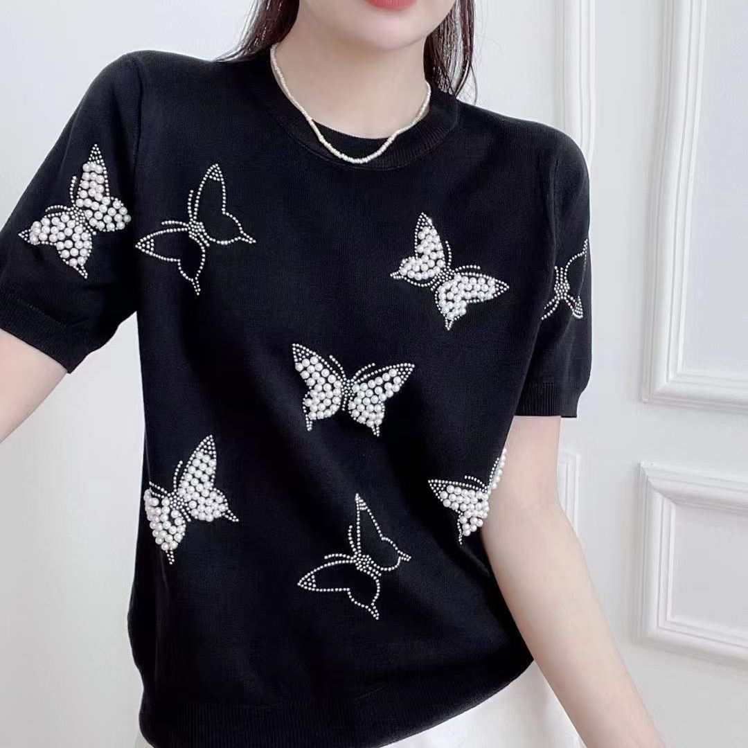 HF-TSTBS02: High elastic butterfly heavy industry T-shirt beaded ice silk short sleeves top