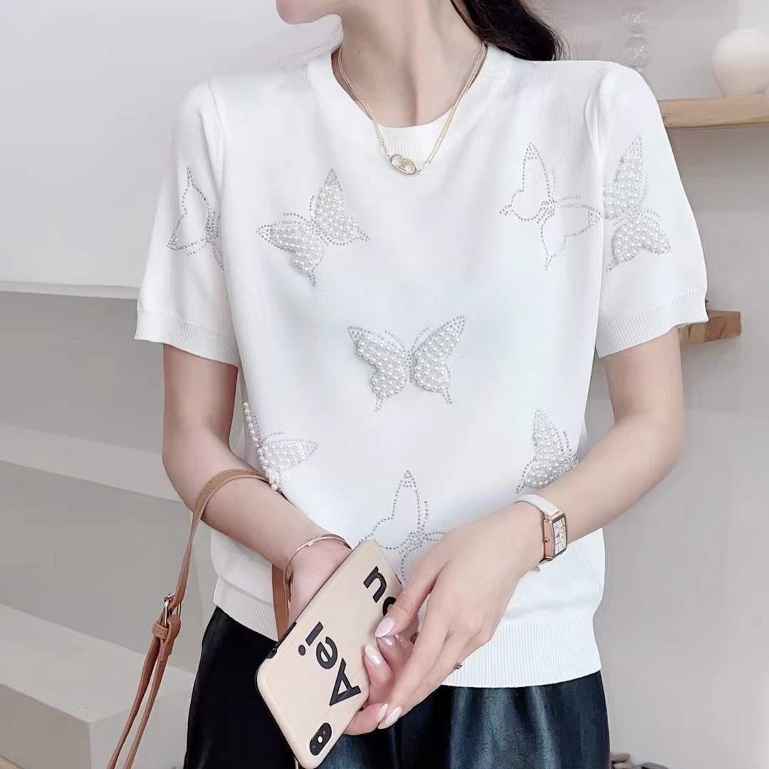 HF-TSTBS02: High elastic butterfly heavy industry T-shirt beaded ice silk short sleeves top - Click Image to Close