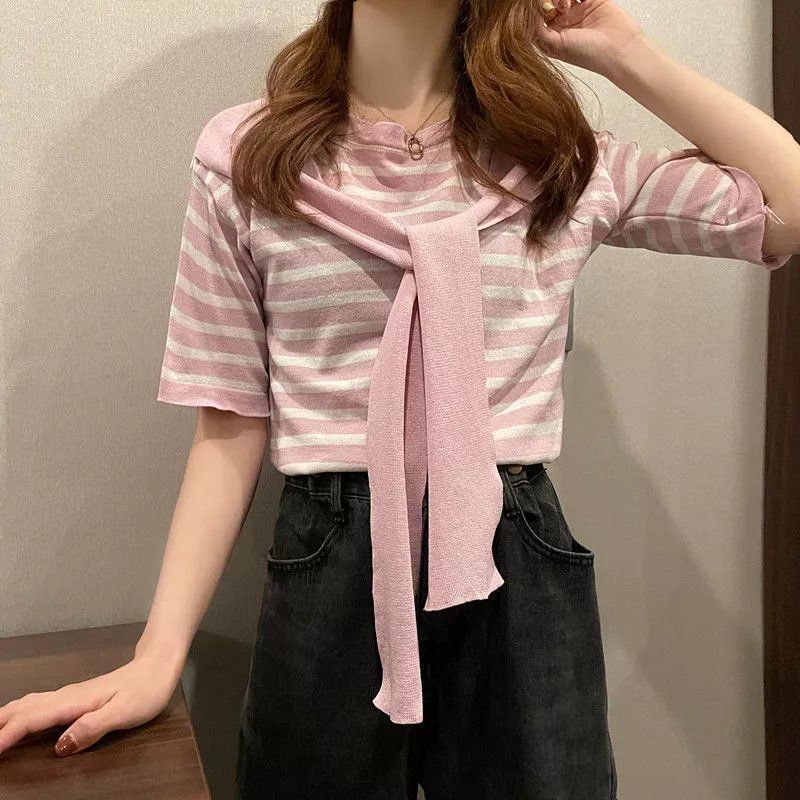 HF-TSTBS03: women's summer loose stripes short sleeve t-shirt with biult-in scarf - Click Image to Close
